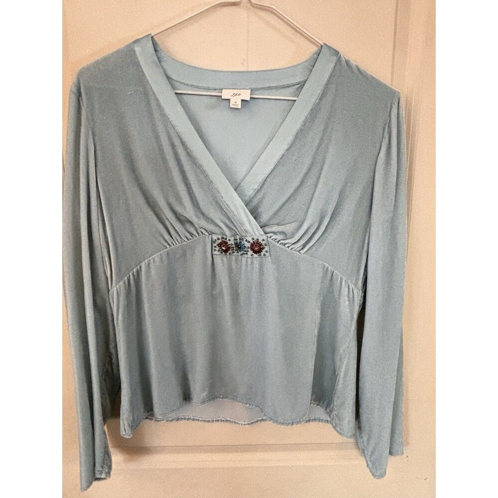 J. Jill Sz Small Light Blue Velvet Long Sleeve Wrap Top Blouse V Neck Stretch